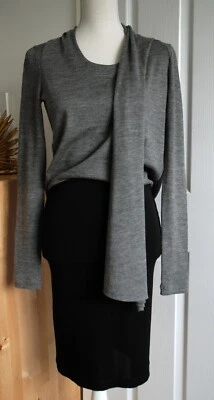 BALENCIAGA PARIS Grey Wool Black Jersey Midi Dress Side Shawl EU36 Made in Franc — 第 1/4 张图片