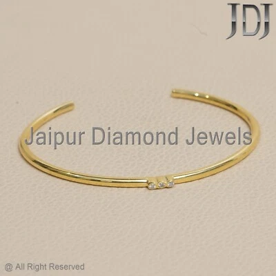 Natural Pave Diamond 925 Silver Gold Plated Stackable Open Cuff Mini Bangle - Image 1 of 4