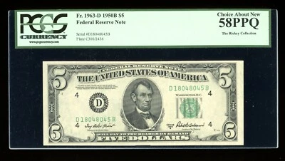 DBR 1950-B $5 FRN Cleveland Fr. 1963-D PCGS 58 PPQ Serial D18048045B - Image 1 of 2