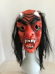 Scary Red Devil Mask with White Horns, Big White Teeth and Black Wig - Picture 1 of 5