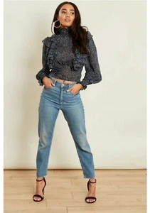 Navy and White Spot Shirred High Neck Ruffle Blouse sizes 8-14 available dm us - Picture 1 of 2