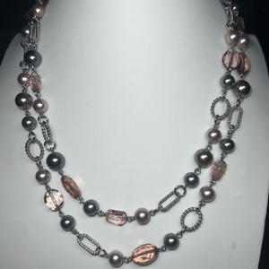 Premier Designs Long Silver Tone Chain Pink Bead Necklace