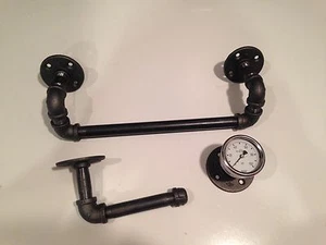 Steampunk / Industrial black pipe ( Toilet Paper Holder, Gauge & Towel Holder ) - Picture 1 of 5