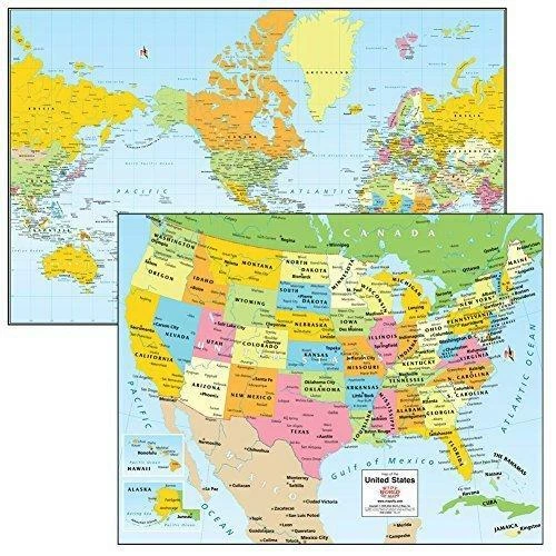Colorful Political Mercator Projection World & USA Laminated Desk Map Set - Image 1 of 1