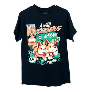 Threadless Ilustra A Wild Corgirus Appears Comic Graphic Black Tee T-Shirt Med - Picture 1 of 6