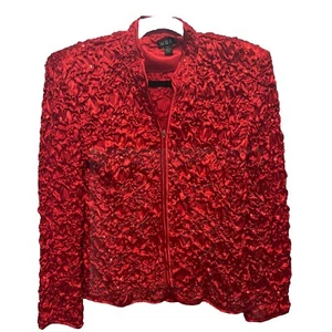 MSK Women’s Red Satin Sequin Quilt Crinkle Zipper Long Sleeve Jacket Size Medium - Picture 1 of 10