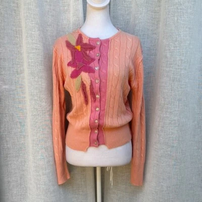 Cárdigan One Girl Who Coral Rosa Floral Punto Cable Foto 1 de 4