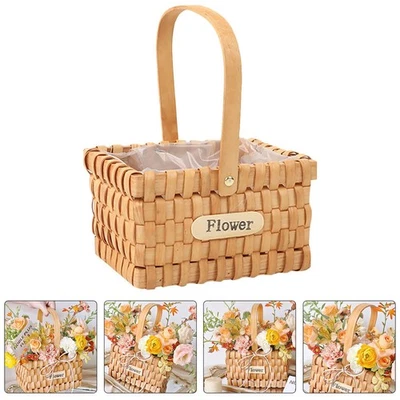 1pc Hand Knitting Flower Flower Wooden Basket Container Handheld Flower Basket - Image 1 of 4