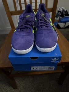 Sz 10- Adidas Men’s Gazelle Messi Soccer Indoor Shoes, Purple/Lucid Lemon/White - Picture 1 of 5