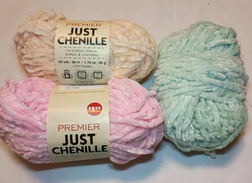 Premier Just Chenille Yarn - 3 Skeins - Pink, Oyster, Pastel Green - Image 1 of 4