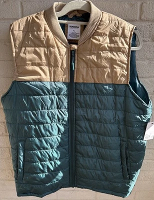 Sonoma Puffer 背心绿色米色全拉链男式 XL 码全新 — 第 1/4 张图片