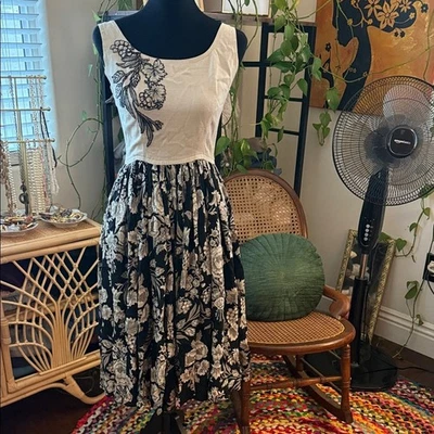 Vintage Handmade Black & Tan Floral Appliqué Fit & Flare Dress - Image 1 of 3