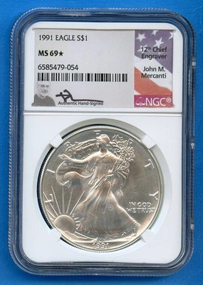 American Silver Eagle 1991 P MS69* Star ASE $1 como nuevo en Estados Unidos 1991-P MS-69* Mercanti Foto 1 de 3