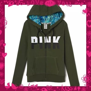 New VICTORIA'S SECRET Pink Campus Ultimate Full Zip Hoodie Tropical Green Palm - Picture 1 of 1