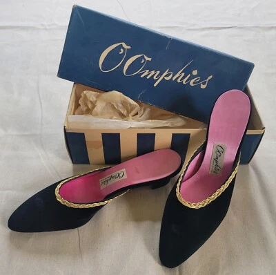 Vintage Anos 40 50 Oomphies Salto Gatinho Estoque Morto Preto Veludo Acabamento Dourado 5 6 - Imagem 1 de 4