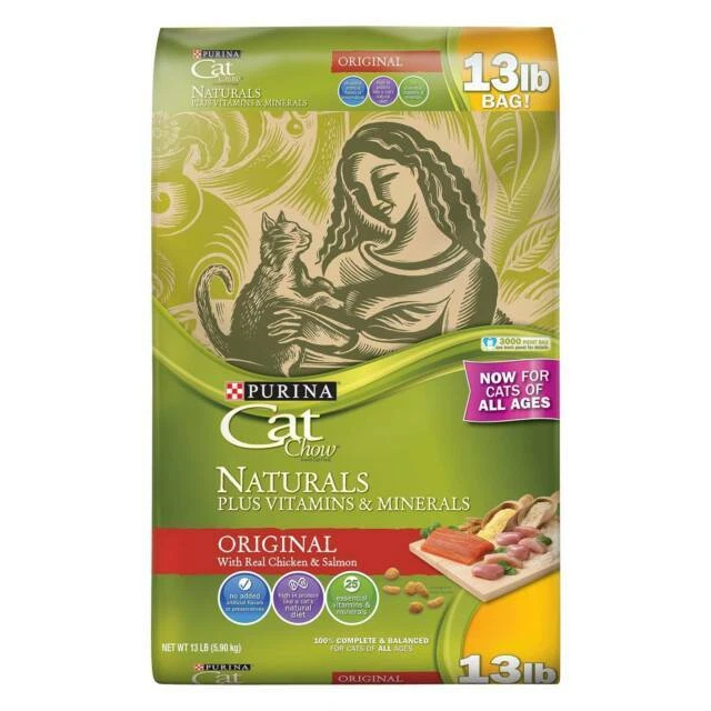 Purina Cat Chow 13 LB Bag Naturals Plus Vitamins & Minerals Chicken Salmon Food