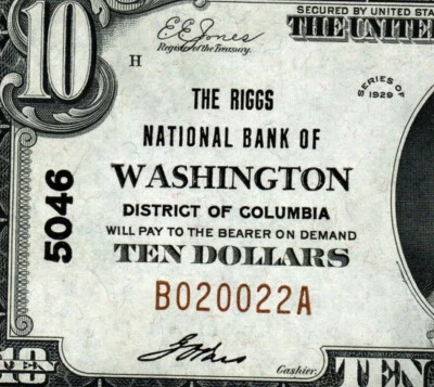 1929 T-1 $10 The Riggs National Bank of Washington Fancy Binary B020022A GEM BU - Image 1 of 4