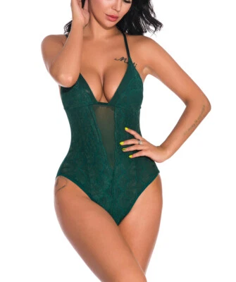 Sexy Lingerie Women V Neck Halter Lace Mesh Teddy One-Piece Bodysuit Jumpsuit US - Image 1 of 4