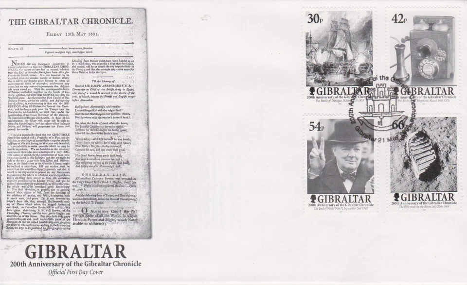 GB GIBRALTAR 2001 The Gibraltar Chronicle 200th Ann SG978/81 FDC  SHIP CHURCHILL - Image 1 of 1