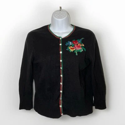 Suéter Cárdigan Negro Marca Lucky Bordado Flores Mezcla Lana Botones Nacarados Foto 1 de 4
