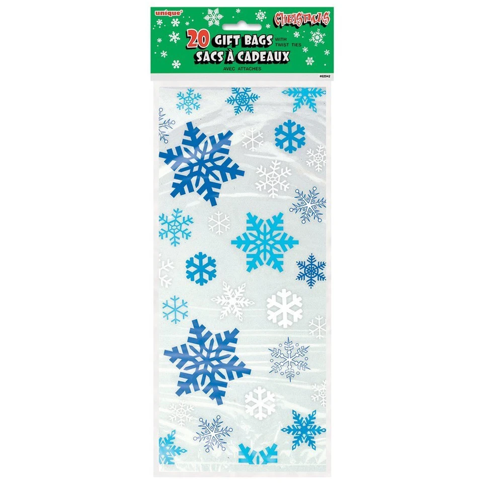 UNIQUE Christmas Cellophane Snowflake Bags Treat Sweet Cookie Party Favour Cello Bags