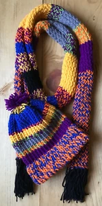 Handmade Knit Hat Scarf Set-Adult Size-Beanie-Rainbow-Striped-Pom Pom-Fringe-USA - Picture 1 of 16