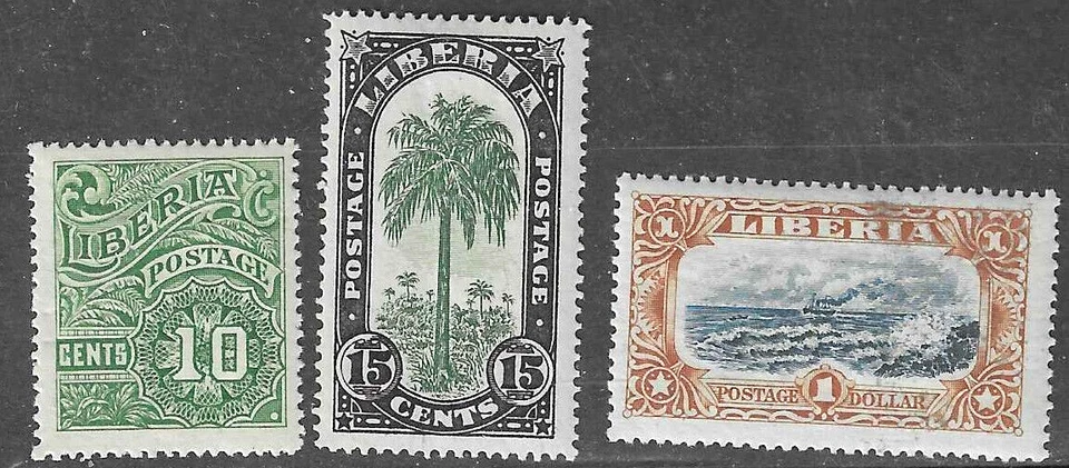 Liberia 1936, three values (10c,15c,1.00) w. ALBINO overprints mint #250-51, 256 - Image 1 of 2