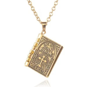 Gold Bible Pendant Lord's Prayer Necklace Christian Catholic Jewelry Men Women - Picture 1 of 5
