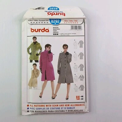 Burda Sewing Pattern 8292 Misses Fancy Coat Sizes 10-22 Uncut - Image 1 of 2