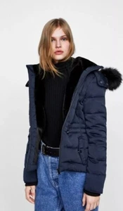 Zara Water Repellent Navy Blue Faux Fur Hooded Down Puffer Jacket Coat, Size S - Picture 1 of 12