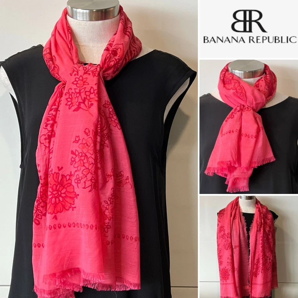 BANANA REPUBLIC Envoltura/Bufanda Paisley Fina Coral Rosa, con Flecos 91cm x 91cm Foto 1 de 4