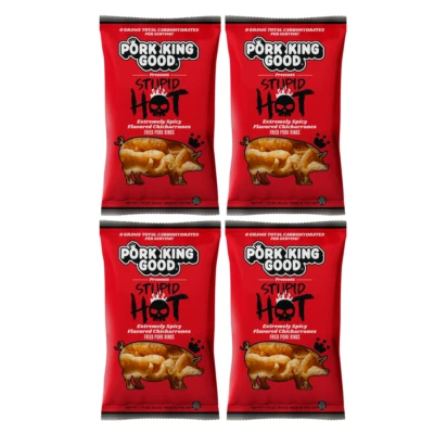 Pork King Good Stupid Hot Flavored Pork Rinds Chicharrones 4 Pack Keto Snacks - Image 1 of 4