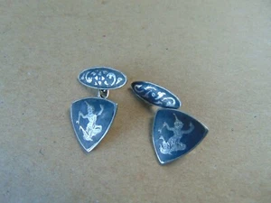 BEAUTIFUL VINTAGE SIAM (THAI) STERLING SILVER & NIELLO CUFFLINKS  - Picture 1 of 7