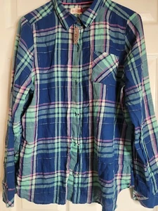 NWT SO Plaid Long Sleeve Top Girls Size 20 Blue Green Silver button up cute - Picture 1 of 5