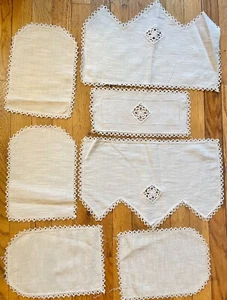 7 Embroidered Table Armchair Doilies Lot Set Crochet Lace Beige Floral Vintage - Picture 1 of 2