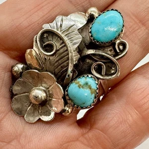 Anello turchese pepita Navajo taglia 8 sterling firmato JT foglia fiore 9,6 grammi - Foto 1 di 5