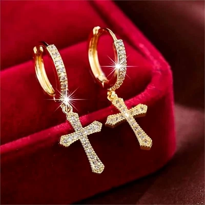 Exquisite Micro Pave 14K Gold Plated CZ Broken Heart/Cross Unisex Earrings - Image 1 of 4
