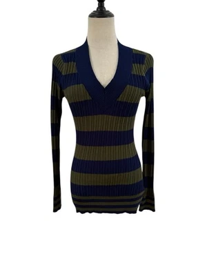 Suéter Top De Colección Y2K Engergi Tejido Acanalado Rayas Talla L Juniors Verde Azul Marino Profundo V  Foto 1 de 4