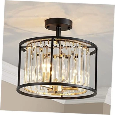  CL005BB K9 Crystal Semi Flush Mount Ceiling Light Fixture, Black Gold 005 - Image 1 of 4