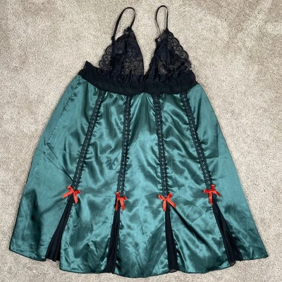 Vestido sin Mangas de Encaje Satinado Para Mujer L Verde Rojo Lazo Chemise Camisón Malla Plisado Vestido Foto 1 de 4