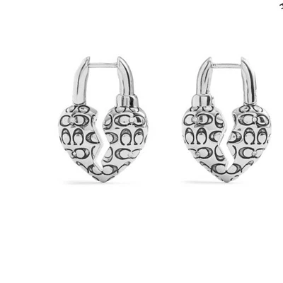 COACH Signature Quilted Broken Heart Huggie Earrings Shiny Silver/Crystal - Image 1 of 4