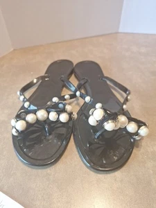 Flip flops Size 7 Jelly Thong Pearl Gold Black Patent 90s Made In Italy - Picture 1 of 6