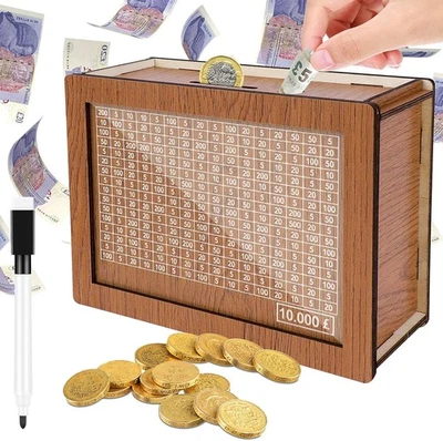 10000£ Wooden Money Box with Counter Piggy Bank Coin Cash Saving Box Kids Adults - Image 1 of 4