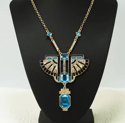 Art Deco Style Gold Tone Chain Blue Crystal Statement Necklace - Image 1 of 4