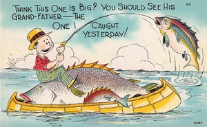 Vintage ORIGINAL Funny Humor Exaggerated Comedy Fishing Linen Postcard 1930's - Picture 1 of 2