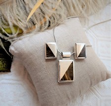 Inlay Contemporary Necklace Earrings Set Mexico .925 Sterling Silver Tigers Eye