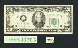 $20 Dollar 1985 Bill Note Low Serial Number L00041130 Circulated Small Head - Picture 1 of 2