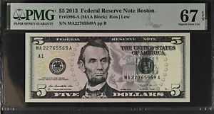 2013 $5 Federal Reserve Note Fr-1996-A Boston PMG67 Superb Gem EPQ - Picture 1 of 2