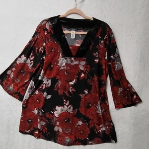 Cocomo Woman Floral Tunic Top Velvet Trim Bell Sleeve Blouse 1X Red Black - Picture 1 of 11