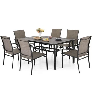 7-PCS Outdoor Patio Dining Set Metal Table with Umbrella Hole 6 Chairs - Picture 1 of 8
